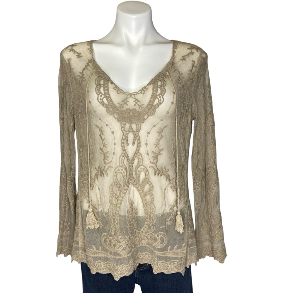 ANNE FRENCH Boho Embroidered Lace Long Sleeve Blouse Size Small